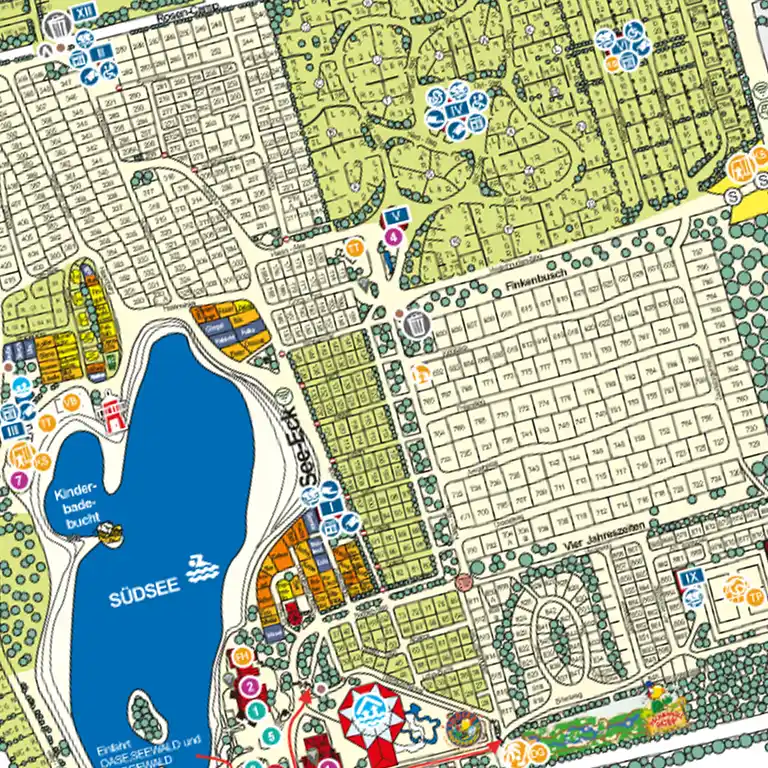 Section of the site map of Südsee-Camp showing pitches, sanitary facilities, leisure lake and amenities