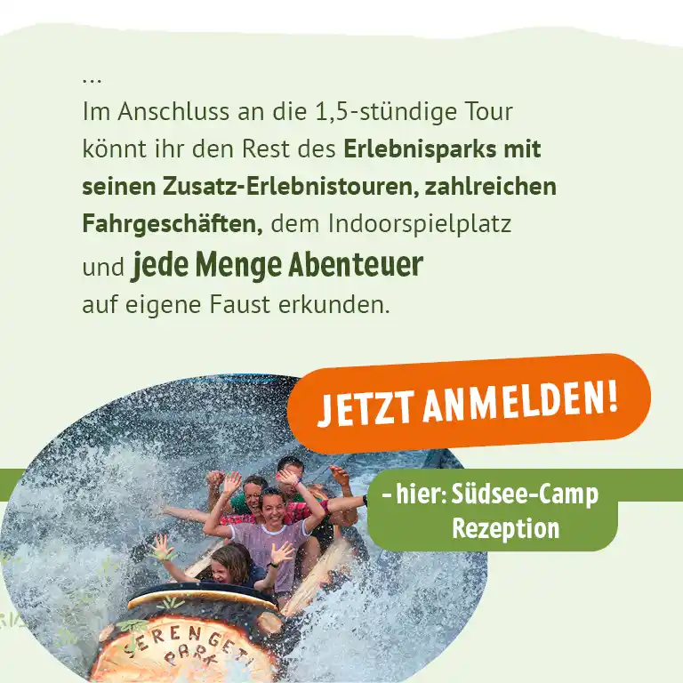 Familie auf spritziger Wildwasserbahn im Serengeti-Park – Hinweis auf 1,5-stündige Tour und viele weitere Abenteuer, buchbar an der Südsee-Camp Rezeption