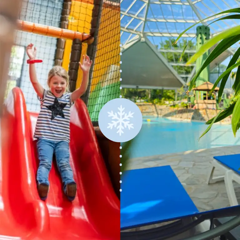 Winter-Special Indoor Pool & Piratennest Split image from Südsee-Camp: On the left, a happy child slides down a bright red slide in the “Piratennest” indoor play area. On the right, the tropical-style “Badeparadies” swimming area is shown with sunlit loungers and a large pool under a glass dome. Ideal for families looking to combine adventure and relaxation at Südsee-Camp.