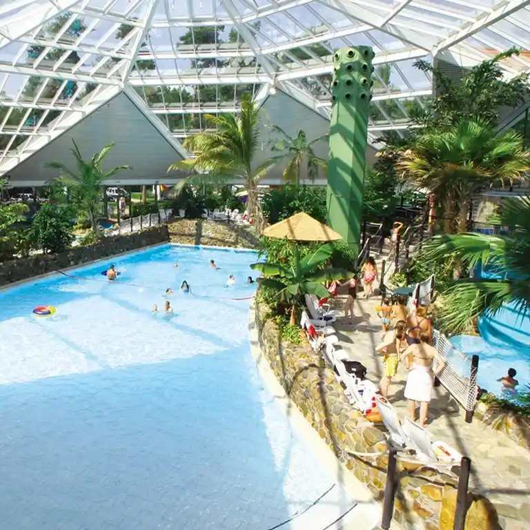 Wave pool in the tropical indoor water paradise at Südsee-Camp, with palm trees, loungers, and children playing under a large glass roof.