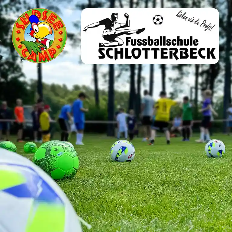 Fußbälle auf einem grünen Rasen, im Hintergrund spielende Kinder