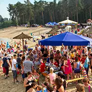 Summer Party People celebrating on the beach under parasols