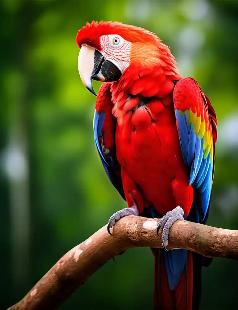 Colorful macaw with red, blue and yellow feathers sitting on a branch at Weltvogelpark Walsrode – an accessible family-friendly destination.